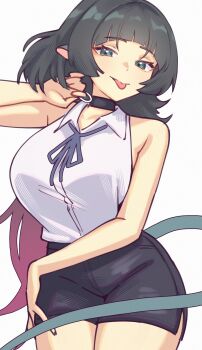 1girl :p animal_ears black_choker black_hair black_shorts blunt_bangs breasts choker commentary cosplay english_commentary gradient_hair grenade_pin high-waist_shorts highres jane_doe_(zenless_zone_zero) long_hair looking_at_viewer mouse_ears mouse_girl mouse_tail multicolored_hair neck_ribbon reze_(chainsaw_man) reze_(chainsaw_man)_(cosplay) ribbon sher_(imnotsher) shirt shirt_tucked_in shorts sleeveless sleeveless_shirt smile solo tail tongue tongue_out very_long_hair white_background zenless_zone_zero