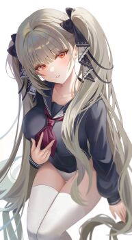 1girl absurdly_long_hair absurdres azur_lane black_sailor_collar blush breasts brown_hair commentary_request formidable_(azur_lane) formidable_(the_lover's_heart_flutters_on_duty)_(azur_lane) head_tilt highres large_breasts long_hair long_sleeves looking_at_viewer manus_(manuspupa) neckerchief no_pants official_alternate_costume panties red_eyes red_neckerchief revision sailor_collar school_uniform serafuku simple_background solo thighhighs thighs underwear very_long_hair white_background white_panties white_thighhighs