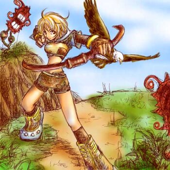 1girl 2000s_(style) bird blonde_hair blue_sky boots bow_(weapon) breasts brown_gloves brown_shirt brown_shorts brown_skirt brown_socks closed_mouth commentary_request crop_top day drawing_bow elbow_gloves falcon fingerless_gloves flora_(ragnarok_online) full_body gloves grass holding holding_bow_(weapon) holding_weapon hunter_(ragnarok_online) looking_at_viewer lowres medium_breasts midriff miniskirt oekaki outdoors pazy ragnarok_online shirt short_hair short_shorts shorts shorts_under_skirt skirt sky smile socks solo standing weapon yellow_boots yellow_eyes