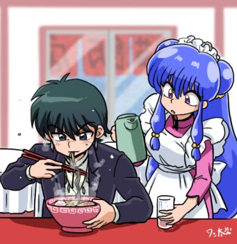 Rule 34 | 1boy, 1girl, black hair, blush, breasts, double bun, eating, food, glass, hair bun, indoors, juumonji tsubasa, kyoukai no rinne, medium breasts, noodles, open mouth, purple eyes, ramen, ranma 1/2, shampoo (ranma 1/2), signature, waitress, wanta (futoshi), water