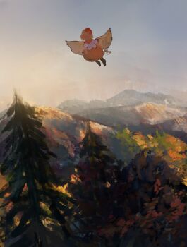 1girl absurdres bird_wings blonde_hair blue_sky boots brown_boots clear_sky commentary_request day dress faceless faceless_female flying forest full_body highres mountainous_horizon multicolored_hair nanaironokabi nature niwatari_kutaka orange_dress outdoors red_hair shirt short_hair sky solo touhou tree two-tone_hair white_shirt wings yellow_wings