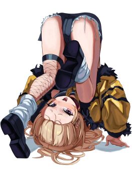 Rule 34 | 1girl, azur lane, bache (azur lane), blonde hair, blush, cutoff jeans, cutoffs, fishnet pantyhose, fishnets, groin, handstand, highres, mega suki, pantyhose, purple eyes, shorts, smile, socks, solo, sweat, thighs