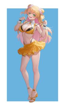 1girl :d absurdres bikini bikini_skirt black_bikini blonde_hair breasts cleavage commentary_request double-parted_bangs double_bun flower full_body gradient_hair green_eyes hair_bun hair_flower hair_ornament hands_up highleg highleg_bikini highres hololive large_breasts layered_bikini linea_alba long_hair looking_at_viewer miniskirt momosuzu_nene multicolored_hair navel open_mouth pink_hair pleated_skirt sandals side_up_bun skirt smile solo stomach strap_lift swimsuit tanuk teeth toes two_side_up upper_teeth_only virtual_youtuber yellow_bikini yellow_skirt