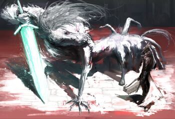 1boy 1other black_hat blood bloodborne boss_fight extra_legs from_above green_eyes grey_hair hat highres holding holding_sword holding_weapon horse_boy hunter_(bloodborne) indoors kyezzzz long_hair ludwig_the_accursed male_focus monster_boy moonlight_greatsword saw saw_cleaver standing sword tricorne weapon