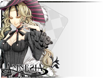 1girl amnesia amnesia_(idea_factory) blonde_hair breasts choker cleavage copyright_name curly_hair dress female_focus frills gathers gem hanamura_mai hat long_hair official_art rika_(amnesia) smile solo twintails yellow_eyes