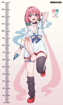 1girl arm_behind_head black_choker black_socks blush breasts cellphone choker collarbone colored_tips commentary cum double-parted_bangs ejaculation english_commentary erection full_body futanari height_chart highres holding holding_phone huge_penis indie_virtual_youtuber large_testicles looking_at_viewer merulu_ilum multicolored_hair open_mouth penis phone pink_hair purple_eyes red_shoes reiyu_guigui shirt shoes short_hair short_sleeves small_breasts smartphone smile socks solo testicles thigh_strap veins veiny_penis veiny_testicles virtual_youtuber white_shirt