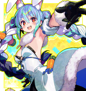 1girl animal_ears armpits bikini black_bikini blue_hair border braid breasts carrot_hair_ornament commentary don-chan_(usada_pekora) food-themed_hair_ornament hair_ornament highres hololive long_hair looking_at_viewer medium_breasts multicolored_hair onono_imoko open_mouth rabbit_ears rabbit_girl solo swimsuit thick_eyebrows twin_braids two-tone_hair usada_pekora usada_pekora_(1st_costume) white_border white_hair yellow_background