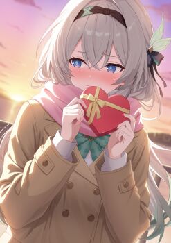 Rule 34 | 1girl, absurdres, black hairband, blue eyes, blush, box, bright pupils, brown coat, buttons, cloud, coat, commentary request, double-breasted, double-parted bangs, dutch angle, enpera, evening, firefly (honkai: star rail), gift, gift box, grey hair, hair between eyes, hairband, heart-shaped box, highres, holding, holding gift, honkai: star rail, honkai (series), komugirakko, long hair, long sleeves, looking to the side, orange sky, outdoors, pink scarf, scarf, sky, solo, sunset, upper body, valentine