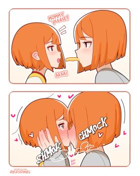 2girls age_difference artist_name blue_eyes blush daughter_(yoru_mac) english_text female_focus food french_fries from_side hand_on_another&#039;s_cheek heart incest kiss loli looking_at_another mcdonald&#039;s mother_(yoru_mac) mother_and_daughter multiple_girls onee-loli open_mouth orange_hair panels patreon_username product_girl profile rezodwel saliva shared_food short_hair sidelocks sound_effects sweat yoru_mac yuri