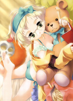 1girl artist_request barefoot blonde_hair blue_bra blue_hairband blue_panties book bra breasts cleavage collarbone crossed_ankles dengeki_moeoh feet food food_in_mouth foot_out_of_frame french_fries frilled_bra frills glasses green_eyes hairband highres holding holding_book holding_pen indoors legs looking_at_viewer magazine_scan mouth_hold on_bed open_book original over-rim_eyewear panties pen scan semi-rimless_eyewear short_hair sideways small_breasts solo stuffed_animal stuffed_toy teddy_bear third-party_source underwear underwear_only