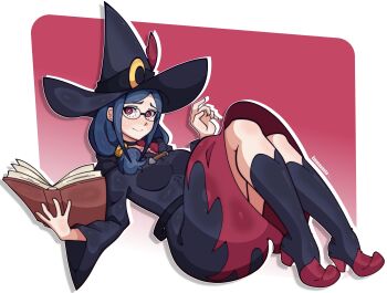 1girl absurdres artist_name black_dress black_hat blue_hair book boots closed_mouth commentary dress emmavania full_body glasses hat high_heel_boots high_heels highres holding holding_book little_witch_academia looking_at_viewer open_book red_eyes simple_background smile solo symbol-only_commentary thigh_boots ursula_charistes witch_hat