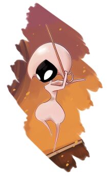 1girl commentary english_commentary full_body highres holding holding_weapon hollow_knight hollow_knight:_silksong lace_(hollow_knight) orange_background outstretched_arm pin_(hollow_knight) pr_quote solo standing standing_on_one_leg weapon white_eyes