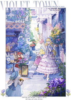 1girl absurdres bag baiguiyu bird blonde_hair blue_dress bread building bunting cityscape commentary cup dress flower food frilled_dress frills hat highres multiple_others original paper_roll pink_dress plant potted_plant purple_dress purple_eyes purple_flower rabbit red_dress road rose sign stone_floor street symbol-only_commentary teacup walking window yellow_dress