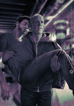 2boys backpack bag bald beard brilcrist brown_hair carrying closed_eyes deadpool deadpool_&amp;_wolverine deadpool_(series) drunk facial_hair hood hood_down instagram_username male_focus marvel marvel multiple_boys muscular muscular_male pants princess_carry scar scars_all_over shirt short_hair short_sleeves too_many tumblr_username twitter_username wolverine_(x-men) x-men yaoi