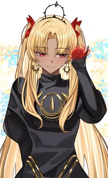 1girl absurdres black_dress blonde_hair commentary dark_skin dress ereshkigal_(fate) ereshkigal_alter_(fate) fate/grand_order fate_(series) flower highres kaworu13 long_hair red_eyes red_flower solo spider_lily symbol-only_commentary twintails
