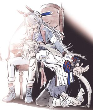 Rule 34 | 2girls, absurdres, ahoge, animal ears, black leggings, blue boots, blue eyes, blue hairband, blue jacket, blue sailor collar, blue sports bra, boots, bound, bound wrists, brooch, chair, closed mouth, crop top, ear covers, ear ornament, fingerless gloves, gloves, grey hair, grey tail, hair between eyes, hair ornament, hairband, headband, highres, horse ears, horse girl, horse tail, jacket, jewelry, kneeling, leggings, lightning bolt print, lightning bolt symbol, long hair, long sleeves, multiple girls, neckerchief, nooctadesu, oguri cap (starlight beat) (umamusume), oguri cap (umamusume), on chair, pants, pleated skirt, red headband, red neckerchief, sailor collar, shirt, sitting, skirt, sports bra, star brooch, striped clothes, striped hairband, tail, tamamo cross (umamusume), tamamo cross (with lightning speed) (umamusume), umamusume, very long hair, white boots, white jacket, white pants, white shirt