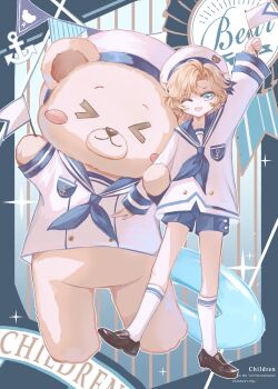 >_< 1boy ;d absurdres aged_down anchor_print anchor_symbol animal aqua_eyes arm_up award_ribbon blonde_hair blue_background blue_border blue_neckerchief blue_ribbon blue_sailor_collar blue_shorts border breast_pocket brown_shoes children's_day chinese_commentary clothed_animal commentary_request curtained_hair english_text fang flag full_body gradient_background hair_between_eyes hat highres holding holding_flag irregular_border lars_rorschach loafers locked_arms long_sleeves looking_at_viewer lovebrush_chronicles male_focus neckerchief official_alternate_costume one_eye_closed open_mouth pocket ribbon sailor_collar sailor_hat sailor_shirt sentient_stuffed_toy shirt shoes short_hair short_shorts shorts sleeve_cuffs smile snow234 socks solo standing standing_on_one_leg string_of_flags striped_background stuffed_animal stuffed_toy swim_ring teddy_bear teeth upper_teeth_only white_background white_hat white_shirt white_socks