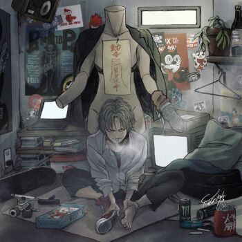 1boy american_spirit black_eyes black_pants bottle cigarette clothes_hanger commentary_request computer crt felix_the_cat felix_the_cat_(series) frosted_flakes grey_hair laptop looking_at_viewer male_focus mannequin monster_energy original pants peppsi_(saba_sabasuk0) poster_(object) shoe_box shoes short_hair single_bare_foot sitting skateboard smoke smoking sneakers speaker tony_the_tiger translation_request