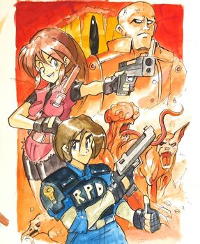 1girl 2boys albertov bald beak belt bird breasts brown_hair claire_redfield dog green_eyes gun highres leon_s._kennedy long_hair long_sleeves medium_breasts mr_x multiple_boys mutant one_eye_closed pants ponytail resident_evil resident_evil_2 short_hair short_sleeves shorts thumbs_up weapon