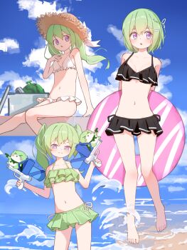 1girl :3 :o absurdres arm_support arms_behind_back beach bikini bikini_skirt black_bikini blue_sky blush breasts chico_(yuzuha_riko) closed_mouth collarbone commentary_request day electromocha floating_hair frilled_bikini frills green_bikini green_hair hair_between_eyes hand_up hat highres holding holding_water_gun innertube korean_commentary long_bangs long_hair medium_breasts medium_hair multiple_views navel outdoors parted_lips purple_eyes ruffle_bikini short_hair sitting sky standing stellive stomach straw_hat swim_ring swimsuit twintails virtual_youtuber water_gun white_bikini yuzuha_riko