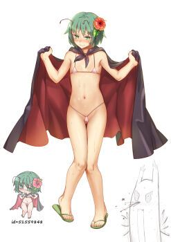 1girl antenna_hair bad_id bad_pixiv_id bikini blood blush bobomaster cameltoe cape chibi derivative_work embarrassed flat_chest flip-flops flower full_body green_eyes green_hair hair_flower hair_ornament hibiscus highres micro_bikini nosebleed pink_bikini reference_work sandals short_hair simple_background stomach string_bikini sweat swimsuit touhou wavy_mouth white_background wriggle_nightbug