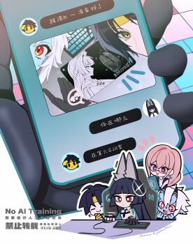 +_+ 1boy 3girls absurdres animal_ear_fluff animal_ears aqua_jacket arm_out_of_sleeve asaba_harumasa black_hair black_necktie blue_horns blue_oni blue_skin blunt_bangs chat_log chibi closed_mouth colored_skin commentary computer_keyboard computer_mouse desk earrings fingerless_gloves fox_ears fox_girl gauntlets glasses gloves hair_between_horns headband highres holding holding_phone horns hoshimi_miyabi hourglass_earrings jacket jewelry long_hair motion_lines mousepad_(object) multicolored_horns multiple_girls naru9 necktie notice_lines oni open_mouth parted_bangs phone pink_eyes pink_hair pointy_ears red_eyes short_hair simple_background single_fingerless_glove single_gauntlet skin-covered_horns smile soukaku_(zenless_zone_zero) sparkle symbol-only_commentary text_messaging tsukishiro_yanagi two-tone_horns white_background wire yellow_headband zenless_zone_zero