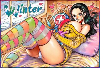 1boy 1girl age_difference black_hair breasts cleavage huge_breasts large_breasts long_hair nico_robin one_piece shota tony_tony_chopper