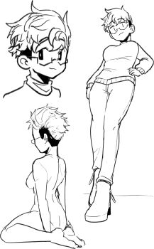 1girl :3 ass barefoot boots breasts closed_mouth commentary completely_nude english_commentary from_behind glasses greyscale hand_on_own_hip high_heel_boots high_heels highres kneeling long_sleeves mir_(miryumiya) monochrome multiple_views nude original plant rebecca_joy_(miryumiya) semi-rimless_eyewear short_hair simple_background smile standing sweater undercut very_short_hair white_background