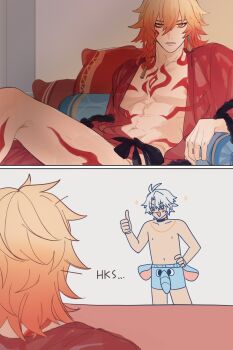 Rule 34 | 2boys, antenna hair, arm tattoo, black choker, blonde hair, blue eyes, blue male underwear, braid, chest tattoo, choker, commentary, elims, english commentary, facial tattoo, gradient hair, hand on own hip, highres, honkai: star rail, honkai (series), leg tattoo, male focus, male underwear, medium hair, multicolored hair, multiple boys, mydei (honkai: star rail), on bed, parted bangs, phainon (honkai: star rail), red hair, red robe, red tattoo, robe, see-through robe, short hair, side braid, tattoo, thumbs up, topless male, underwear, white hair, yaoi, yellow eyes