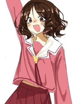 Rule 34 | 1girl, arm out of frame, arm up, azumanga daioh's school uniform, azumanga daiou, blush, brown eyes, brown hair, commentary, cowboy shot, drill hair, english commentary, highres, kasuga ayumu, kyuunn, long sleeves, medium hair, neck ribbon, nose blush, open mouth, pink shirt, red ribbon, red skirt, ribbon, sailor collar, school uniform, shirt, signature, simple background, skirt, solo, white background, white sailor collar