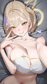 1girl absurdres ahoge anis_(nikke) armpit_crease blonde_hair bra breasts cleavage collarbone goddess_of_victory:_nikke grin highres large_breasts looking_at_viewer lying on_back short_hair silver_tokki smile solo underwear upper_body v white_bra yellow_eyes