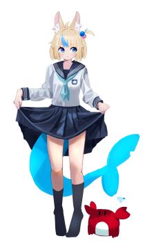1girl absurdres ahoge alternate_costume alternate_hairstyle animal_ear_fluff animal_ears aqua_necktie black_socks blonde_hair blue_eyes blue_hair blue_neckerchief blue_panties blue_sailor_collar blue_skirt blue_streaks blue_tail cat_ears closed_mouth clothes_lift commentary_request dai_roku_ten_mao fins fish_girl fish_tail full_body hair_bobbles hair_ornament highres indie_virtual_youtuber kaniki_(sameko_saba) lifting_own_clothes long_sleeves looking_to_the_side multicolored_hair neckerchief necktie no_shoes one_side_up panties pleated_skirt sailor_collar sameko_saba school_uniform serafuku shirt short_hair simple_background skirt skirt_lift socks solo streaked_hair striped_clothes striped_panties tail underwear virtual_youtuber white_background white_shirt