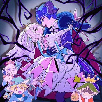 2boys 2girls aether_(genshin_impact) alternate_costume alternate_universe aqua_scarf aranara_(genshin_impact) arched_back arm_up black_eyes black_gloves black_horns blonde_hair blue_cloak blue_hat blue_shoes blunt_ends bow braid bridal_veil bright_pupils brown_gloves cape caramelo_game cavalier_hat cloak coat commentary_request covering_own_mouth cross-laced_clothes cross-laced_dress cross-shaped_pupils crown crown_braid demon_horns diamond_hair_ornament dress eye_contact eyeliner eyeshadow fake_facial_hair fake_mustache flower fur-trimmed_coat fur_collar fur_trim genshin_impact gloves gold gold_crown green_eyes hair_ornament halo hand_grab hand_on_another&#039;s_back hat hat_flower high_heels highres holding holding_sword holding_weapon horns king knight large_bow leaf leaf_hair_ornament long_hair looking_at_another low-braided_long_hair low-tied_long_hair makeup mechanical_halo median_furrow multiple_boys multiple_girls nahida_(genshin_impact) open_clothes open_coat open_mouth paimon_(genshin_impact) pink_bow pink_flower pointy_ears pouch princess purple_coat purple_eyes purple_hair red_cape red_cloak red_eyeliner red_eyeshadow scaramouche_(genshin_impact) scarf see-through_clothes see-through_veil shadow shoes short_hair short_hair_with_long_locks side_ponytail sidelocks sideways_mouth sweatdrop sword symbol-shaped_pupils teeth tiara tsurime upper_teeth_only veil weapon white_bow white_dress white_hair white_pupils yellow_eyes yellow_halo