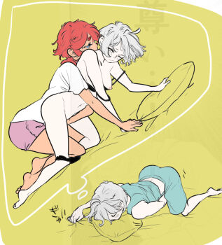 2girls 5kawa8gi all_fours bed_sheet black_bra black_panties blue_eyes bra breasts dark-skinned_female dark_skin female_focus female_masturbation fingering grey_hair gundam gundam_suisei_no_majo imagining masturbation medium_breasts miorine_rembran multiple_girls navel nipples pajamas panties panties_around_leg pink_shorts red_hair sheet_grab shirt short_shorts shorts speech_bubble strap_slip suletta_mercury thought_bubble underwear white_shirt yuri