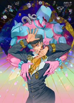 1boy absurdres chain commentary copyright_name crazy_diamond diamond_(gemstone) diamond_wa_kudakenai gakuran gold_chain higashikata_josuke highres jojo_no_kimyou_na_bouken jojo_pose peace_symbol pompadour school_uniform stand_(jojo) veela