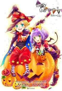 2girls alternate_costume aqua_eyes baggy_pants black_cloak black_gloves black_overalls black_shirt black_shoes blonde_hair blue_cloak bodysuit bow bowtie candy candy_cane character_name cloak colored_eyelashes demon_costume demon_tail demon_wings earrings eiko_carol final_fantasy final_fantasy_ix final_fantasy_vi food footwear_bow full_body gloves gold_trim green_eyes hair_bow halloween_bucket halloween_costume happy_halloween hat hat_bow head_on_hands highres holding holding_candy holding_food holding_lollipop horns in-franchise_crossover jack-o&#039;-lantern jack-o&#039;-lantern_ornament jewelry leaning_forward lollipop multiple_girls open_mouth overalls pants pantyhose pennant pink_bodysuit print_pantyhose puffy_short_sleeves puffy_sleeves purple_hair quichi_91 red_bow red_bowtie red_pants red_shirt relm_arrowny shirt shoes short_sleeves single_horn sitting smile socks spider_web_print striped_clothes striped_socks tail twitter_username two-sided_cloak two-sided_fabric wings witch witch_hat yellow_bow