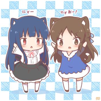 2girls animal_ear_fluff animal_ears black_shoes black_skirt blue_bow blue_dress blue_hair blush bow brown_eyes brown_hair brown_shoes cat_ears cat_girl cat_tail checkered_background chibi colored_shadow commentary_request dress hair_bow idolmaster idolmaster_cinderella_girls kemonomimi_mode mitarashi_neko multiple_girls neck_ribbon open_mouth red_eyes red_ribbon ribbon sajo_yukimi shadow shirt shoes skirt standing tachibana_arisu tail thighhighs translation_request white_shirt white_thighhighs