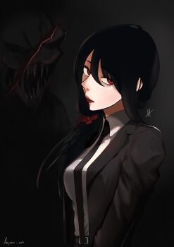1girl absurdres anjens belt bird black_coat black_hair black_necktie coat commentary crow english_commentary head_tilt highres looking_at_viewer morgan_(shadow_slave) necktie red_eyes shadow_slave shirt shirt_tucked_in short_hair upper_body white_shirt