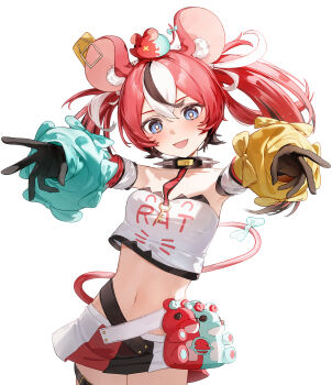 1girl absurdres animal_ears black_gloves black_hair blue_eyes blush bow chinese_commentary collar commentary_request dice_hair_ornament gloves hair_ornament hakos_baelz hakos_baelz_(1st_costume) highres hololive long_hair looking_at_viewer mouse_ears mouse_girl mouse_on_head mouse_tail mousetrap mr._squeaks_(hakos_baelz) multicolored_hair navel oeuia open_mouth red_hair shirt skirt smile solo spiked_collar spikes standing streaked_hair tail tail_bow tail_ornament thigh_strap twintails virtual_youtuber white_background white_hair