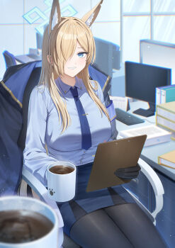 1girl absurdres animal_ears black_gloves black_jacket black_pantyhose blonde_hair blue_archive blue_eyes blue_necktie blue_shirt blue_skirt blurry blurry_foreground breasts chair clipboard coffee coffee_mug collared_shirt commentary computer_keyboard cup dog_ears extra_ears gloves hair_over_one_eye halo highres holding holding_clipboard holding_cup indoors jacket kanna_(blue_archive) long_hair long_sleeves looking_at_viewer medium_breasts monitor mug necktie on_chair one_eye_covered pantyhose pencil_skirt sharp_teeth shirt sitting skirt smile solo steam teeth warashinaryou
