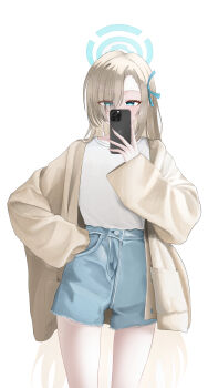 Rule 34 | 1girl, absurdres, alternate costume, asuna (blue archive), blonde hair, blue archive, blue eyes, blue halo, blue ribbon, blue shorts, bomjija, brown jacket, cellphone, commentary, covered mouth, cowboy shot, cutoffs, denim, denim shorts, eyes visible through hair, fingernails, hair between eyes, hair over one eye, hair ribbon, halo, hand on own hip, hand up, highres, holding, holding phone, iphone, jacket, long hair, long sleeves, looking at viewer, open clothes, open jacket, phone, ribbon, selfie, shirt, shirt tucked in, shorts, simple background, sleeves past fingers, sleeves past wrists, smartphone, solo, standing, very long hair, white background, white shirt, wide sleeves