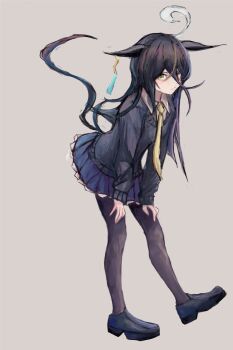 1girl ahoge animal_ears black_hair black_pantyhose black_sweater blue_skirt blush closed_mouth collared_shirt ear_tag earrings full_body hair_between_eyes horse_ears horse_girl horse_tail jewelry long_bangs long_hair long_hair_between_eyes long_sleeves manhattan_cafe_(umamusume) multicolored_hair necktie pantyhose shirt shoes simple_background single_earring skirt solo sweater tail umamusume white_hair white_shirt yanagi_wakana yellow_eyes yellow_necktie