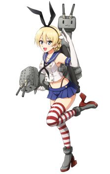 1girl absurdres black_hairband black_neckerchief black_panties blonde_hair blue_eyes blue_sailor_collar blue_skirt blush braid breasts cosplay crop_top darjeeling_(girls_und_panzer) elbow_gloves girls_und_panzer gloves hairband highleg highleg_panties highres horizontal-striped_thighhighs kantai_collection looking_at_viewer medium_breasts microskirt neckerchief no_dickey omachi_(slabco) open_mouth panties rensouhou-chan rensouhou-chan_(cosplay) sailor_collar shimakaze_(kancolle) shimakaze_(kancolle)_(cosplay) short_hair simple_background skirt smile solo striped_clothes striped_thighhighs thighhighs thong twin_braids underwear white_background white_gloves