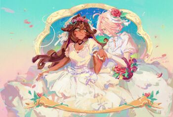 2girls basket black_forest_cookie bow breasts bridal_veil bride brown_hair chocolate_curls cleavage cookie_run cookie_run:_kingdom couple cross-shaped_pupils dark-skinned_female dark_skin dress female_focus flower gloves hair_between_eyes hair_flower hair_intakes hair_ornament head_wreath highres holding holding_basket holding_hands humanization impasto long_hair multiple_girls painterly pink_hair puffy_short_sleeves puffy_sleeves red_flower red_rose rose short_hair short_sleeves symbol-shaped_pupils veil wedding_cake_cookie wedding_dress white_bow white_dress white_eyes white_gloves wife_and_wife yuri zoeeeeeeeeee