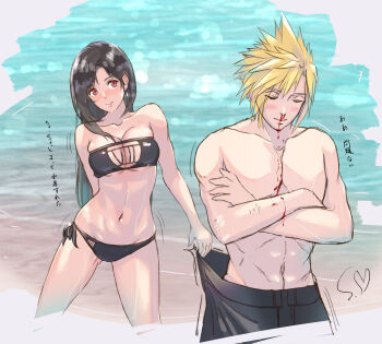 1boy 1girl absurdres alternate_costume arm_behind_back aroused_nosebleed bare_arms bare_shoulders beach bikini black_bikini black_hair black_swim_trunks blonde_hair blood blush breasts breasts_squeezed_together cleavage closed_eyes closed_mouth cloud_strife collarbone commentary_request couple crossed_arms earrings feet_out_of_frame final_fantasy final_fantasy_vii final_fantasy_vii_rebirth final_fantasy_vii_remake hetero highres jewelry large_breasts long_hair male_swimwear navel nosebleed ocean pectorals pulling_another's_clothes red_eyes sand shimamiyako short_hair side-tie_bikini_bottom smile spiked_hair stomach swim_trunks swimsuit teardrop_earrings tifa_lockhart topless_male