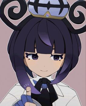 1girl black_hair black_ribbon blue_gloves blunt_bangs closed_mouth coat commentary_request eyelashes gloves grey_eyes gwynn_(pokemon) hand_up hat highres long_hair neck_ribbon nintendo open_clothes open_coat partially_fingerless_gloves pokemon pokemon_legends:_z-a ribbon sideways_glance simple_background smile solo upper_body usagi_mochi_(nsi_0012) white_coat