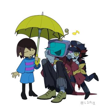1other 2boys alternate_universe ant_tenna black_hair black_pants black_shoes blue_shorts brown_hair closed_eyes cracked_screen crt frisk_(undertale) gloves hands_on_another&#039;s_shoulder hat holding holding_umbrella l2aiq long_nose missing_tooth multiple_boys musical_note object_head pants patch pointy_nose radio_antenna shoes short_hair shorts sitting smile spamton_g._spamton tailcoat teeth torn_clothes torn_hat torn_pants twitter_username umbrella undertale utdr_(toby_fox) white_gloves yellow_shoes