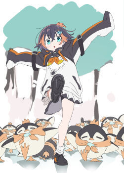 1girl ankle_socks aqua_eyes arms_up bare_legs bird black_hair blush dynamic_pose hair_ornament hairclip highres hood hoodie kicking leg_up loli miniskirt multicolored_hair neckerchief nijisanji nijisanji_en npppiyo open_mouth oversized_clothes penguin pentomo_(petra_gurin) petra_gurin sailor_collar shoes short_hair simple_background skirt sneakers socks solo tree two-tone_hair virtual_youtuber white_hoodie yellow_neckerchief