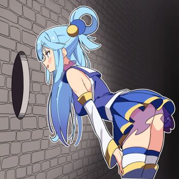 1girl aqua_(konosuba) ass_peek bare_shoulders beads blue_boots blue_eyes blue_hair blue_shirt blue_skirt boots brick_wall commentary detached_sleeves hair_beads hair_ornament hair_rings hands_on_own_knees highres hole_in_wall kono_subarashii_sekai_ni_shukufuku_wo! leaning_forward long_hair long_sleeves noyama_takenoko pleated_skirt shirt single_hair_ring skirt sleeveless sleeveless_shirt solo thigh_boots thighhighs thighhighs_under_boots white_thighhighs