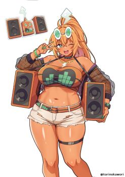 1girl ahoge audio_visualizer bare_shoulders belt belt_buckle boombox bracelet breasts buckle carrying chain chain_necklace choker clothing_cutout collar commentary_request cowboy_shot creature_and_personification crop_top crossed_bangs dark-skinned_female dark_skin dj_rotom earrings eyewear_on_head fingernails gen_4_pokemon gold_chain green-tinted_eyewear green_eyes green_nails hair_intakes hair_ornament high_ponytail holding_speaker hoop_earrings jacket jewelry large_breasts lightning_bolt lightning_bolt_hair_ornament lightning_bolt_necklace lightning_bolt_symbol linea_semilunaris long_fingernails midriff multiple_bracelets musical_note navel necklace nintendo one_eye_closed open_mouth orange_hair personification pokemon pokemon_pokopia ponytail reference_inset rotom see-through_clothes see-through_jacket see-through_sleeves shorts sidelocks simple_background skindentation smile standing sunglasses teeth thick_thighs thigh_strap thighs tinted_eyewear torinokawori torn_clothes torn_shorts twitter_username upper_teeth_only v white_background white_shorts